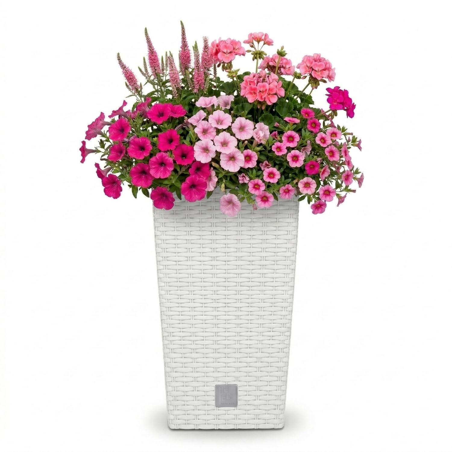 Prosperplast Rato Square Blumentopf 26,5 x 26,5 x 50 cm Weiß | Moderner Pflanzkübel in Rattan-Optik | Eckiger Übertopf mit Einsatz | Wetterfester Kunststoff für Balkon, Terrasse & Wohnung
