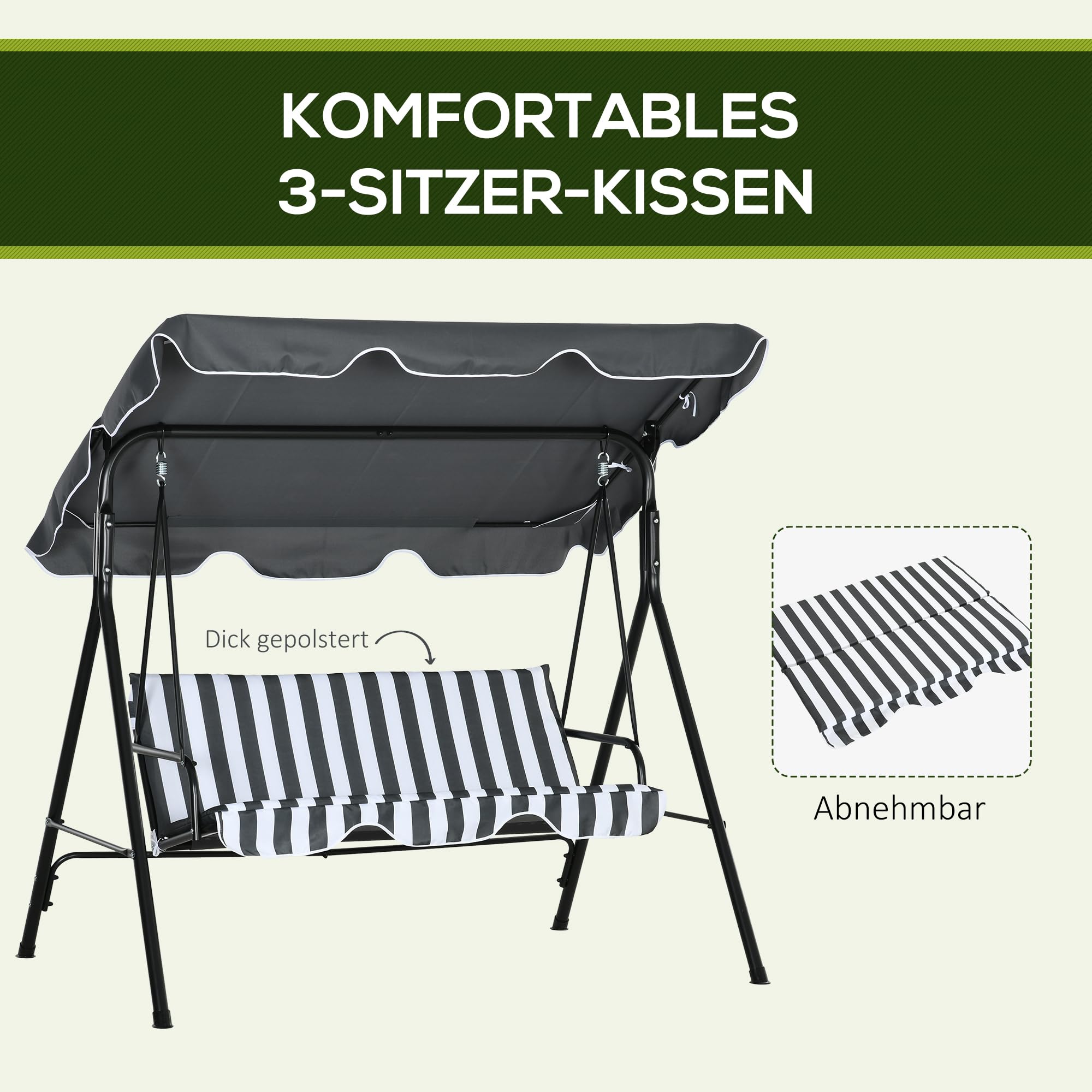 Outsunny Hollywoodschaukel mit Sitzpolster, 3-Sitzer Gartenschaukel mit verstellbarem Sonnendach, Schaukelbank belast bis 240 kg, für Garten, Terrasse, 172 x 110 x 153 cm, Grau+Weiß