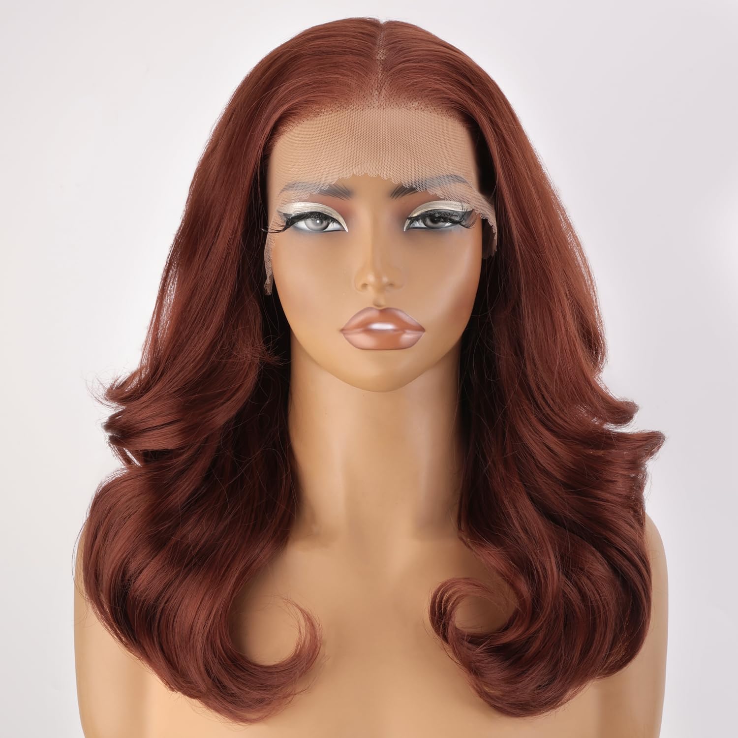 Photo 1 of SOKU 13X6 Reddish Brown Lace Front Wigs Pre Layered, 18 Inch Short Wavy Glueless Wigs Pre Plucked, Copper Red Body Wave Synthetic Lace Front Wigs for Women