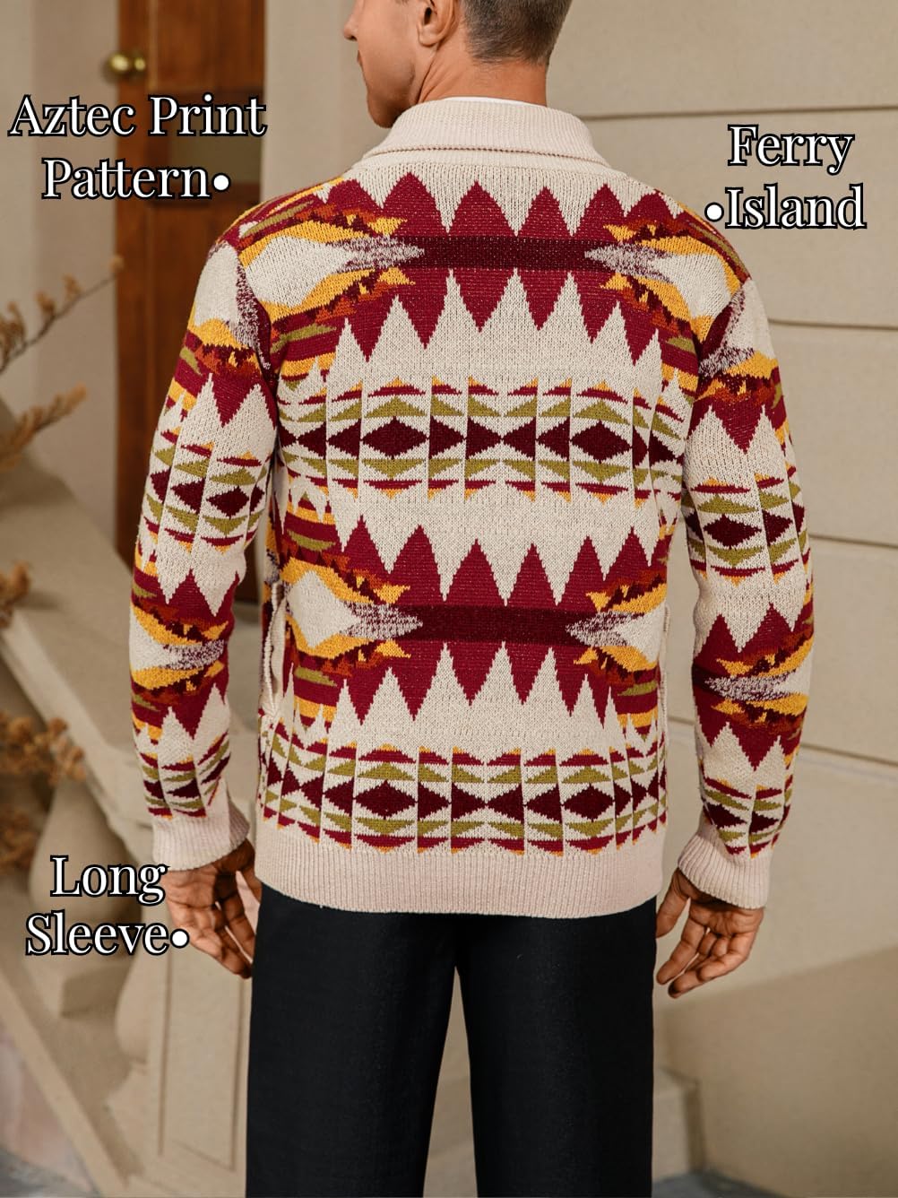Men's Aztec Casual Cardigan with Pockets, Shawl Collar Button Down Crochet Western Sweater Coat Fits Chest 36-46 - Image 4