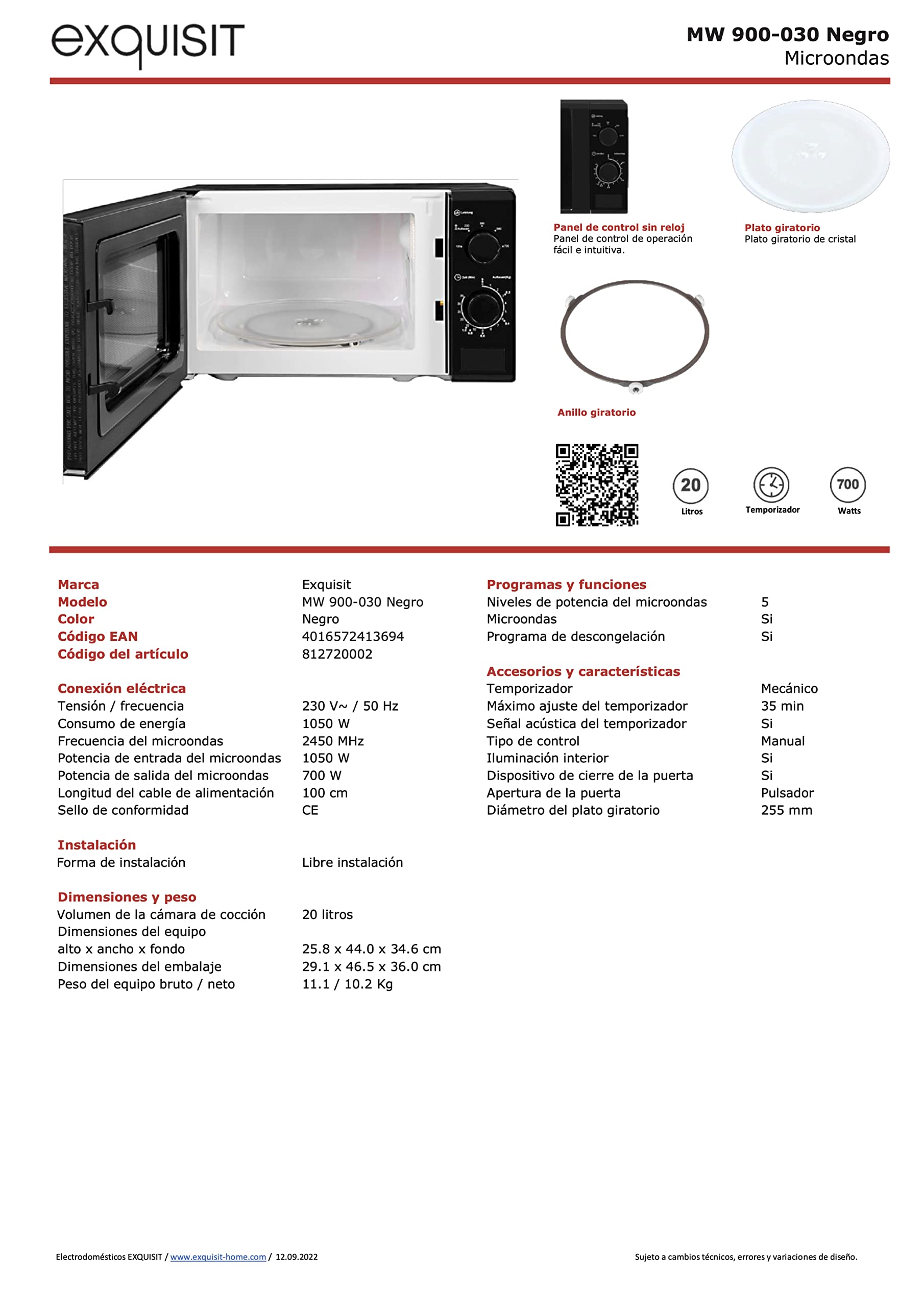 Exquisit® Mikrowelle, 20 l, 700 W, 5 Leistungsstufen, Farbe Schwarz, Innenlackierung, Schnellstart, Auftaufunktion, Teller 25,5 cm, Druckknopföffnung, Maße 25,8 x 43,9 x 32,3 cm.