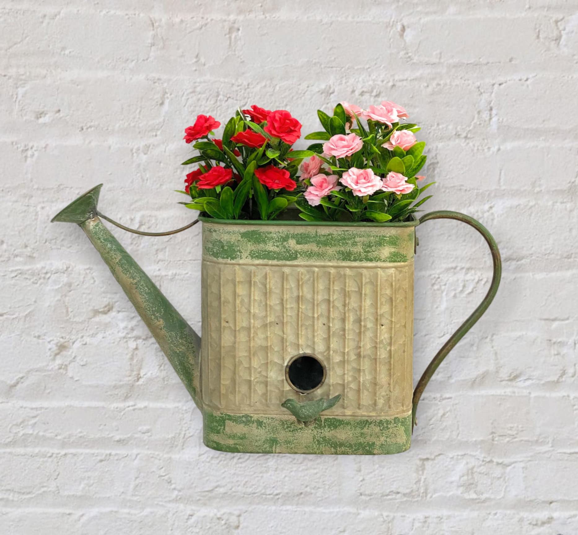 DanDiBo Vogelhaus mit Blumentopf zum Aufhängen Metall Deko Gießkanne wetterfest 481999 Nistkasten 40 cm Futterstation für Vögel Shabby Metallkanne Kanne Balkon