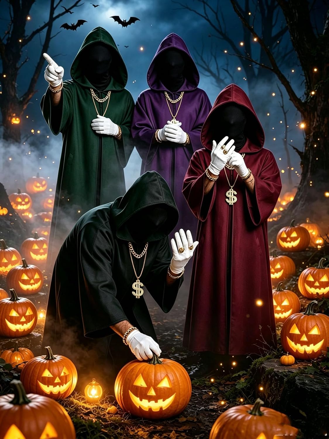 YLYGJGL Men Hooded Robe Halloween Cosplay Set with Mask, Gloves & Gold Hip‑Hop Accessories