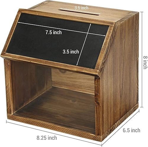 Vista 24 de MyGift Caja de colección de madera maciza quemada rústica montada en la pared con tarjetero de metal negro, caja de comentarios y sugerencias