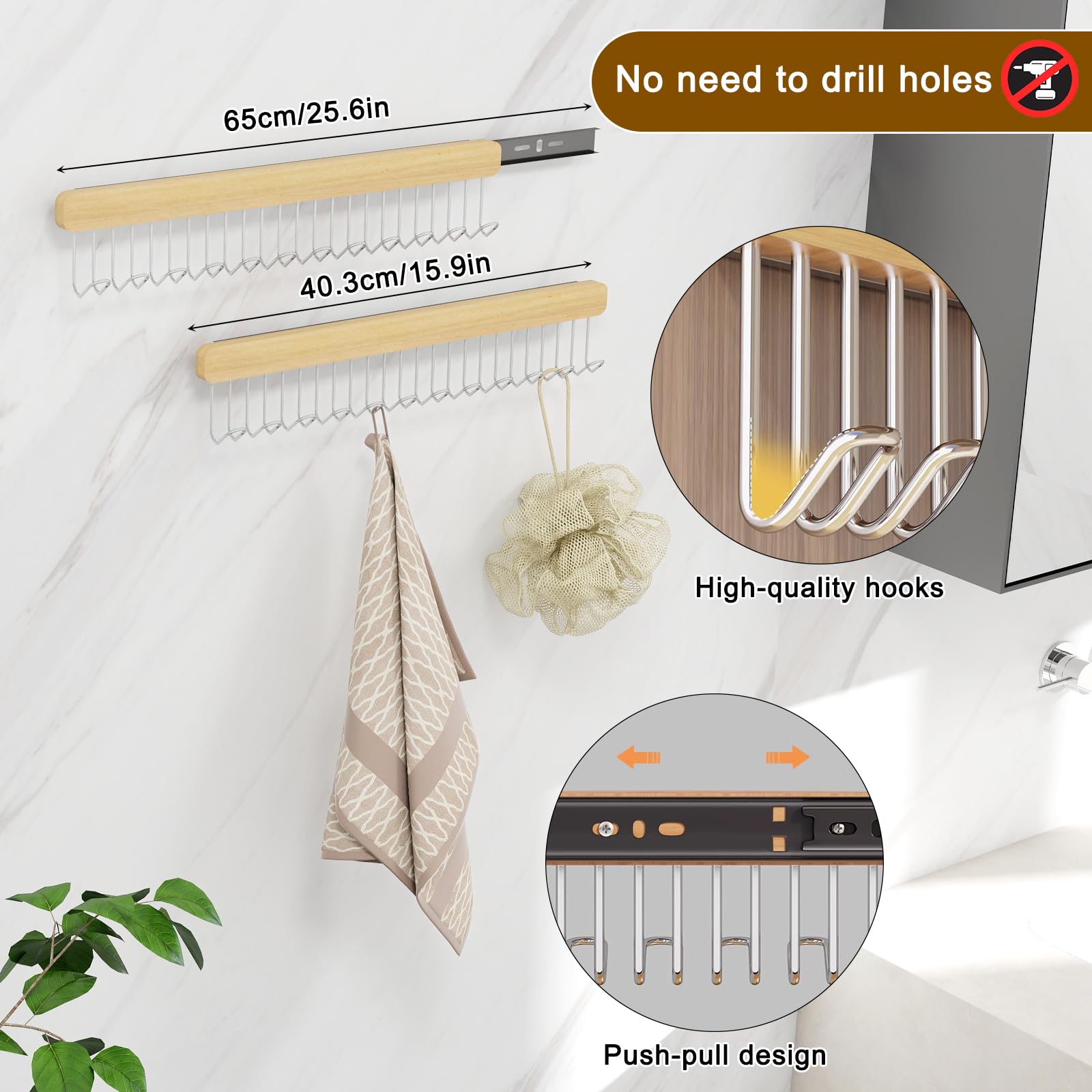 Tringle à Vêtements Extensible Pour Placard – 12 Crochets, En Bois, Coulissante, Sans Perçage