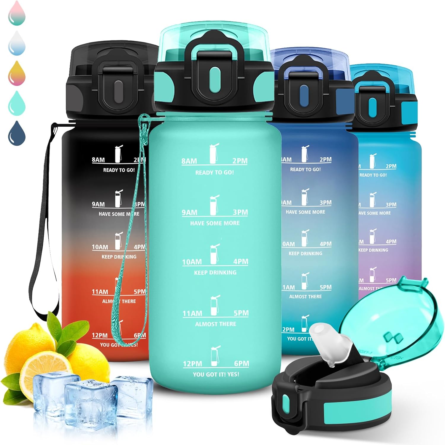 Children's Water Bottle, 500 ml, Straw Bottle, Leak-Proof, Graduated Water Bottle for 1 Day, Easy to Carry, Graduated Bottle, Safety Lock, with Motivational Slogan for School, Camping, Travel