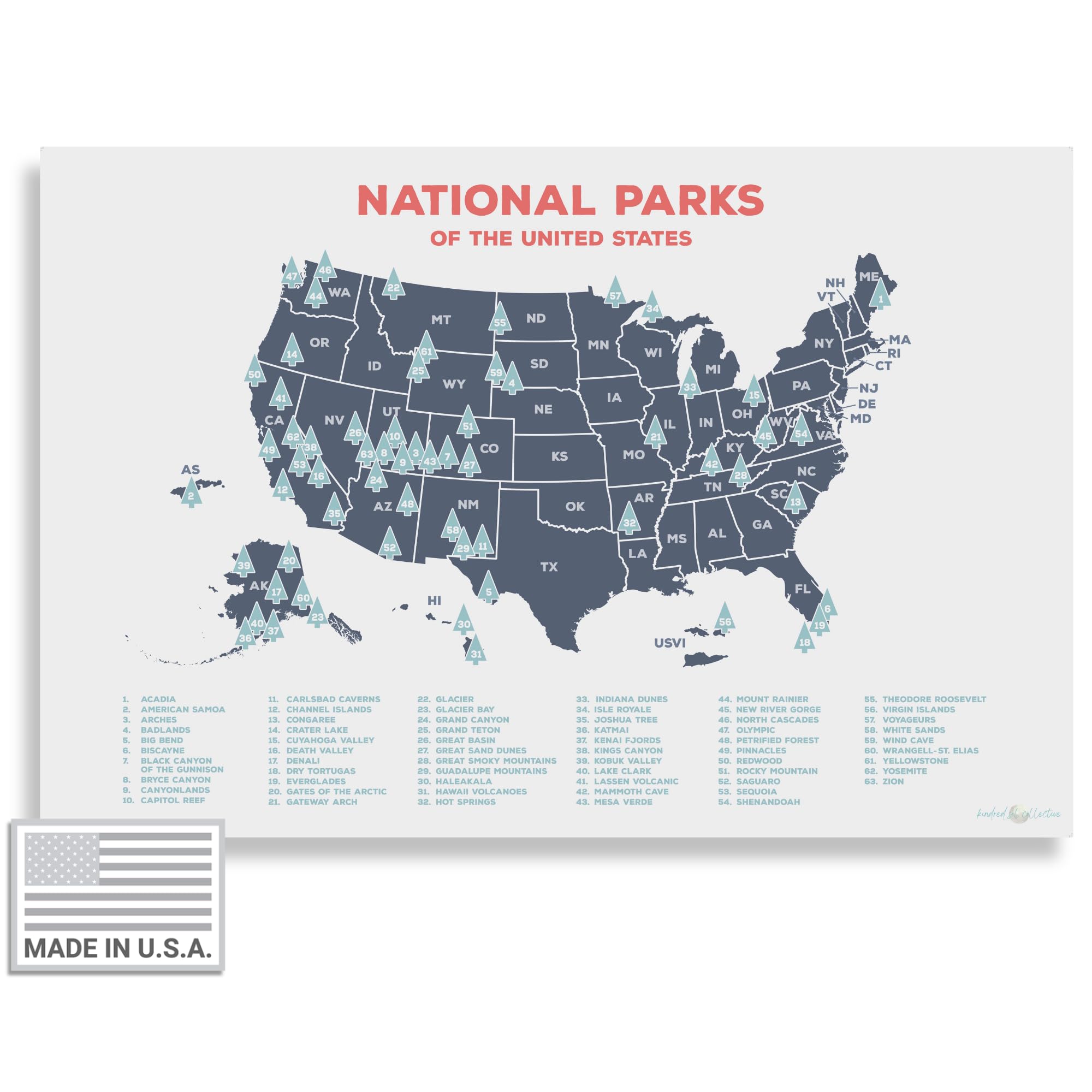 Kindred Sol Collective -USA National Parks Map (36”x24”) - Educational National Park Wall Map Poster - 63 Parks to Mark Your Adventures in American