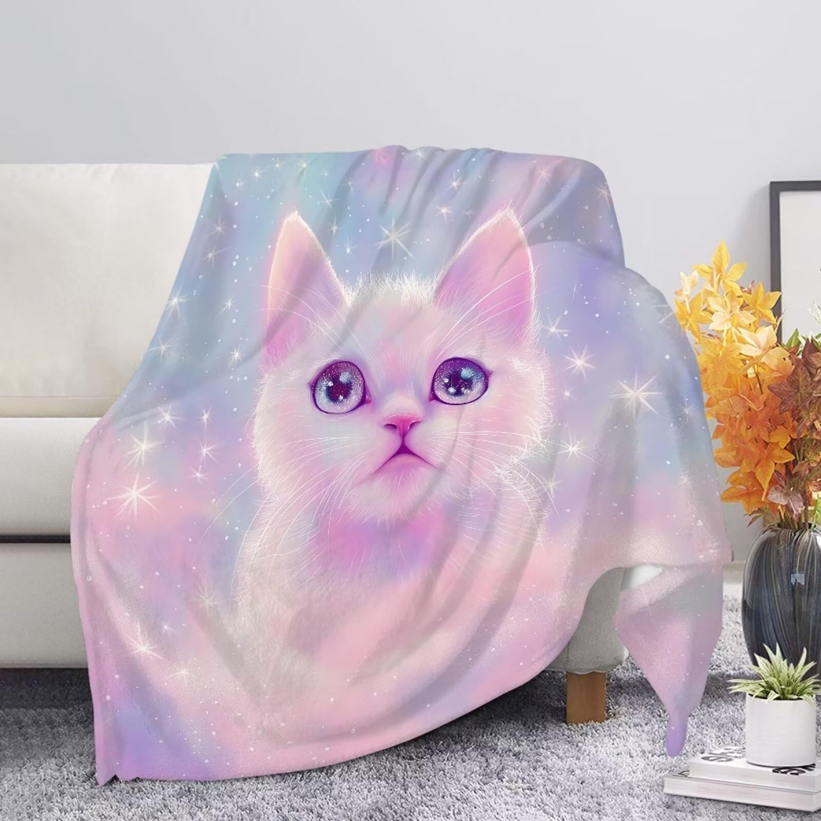 Allcute Fuzzy Pink Graphic Print Couch Blanket for Bed Living Room Cozy Soft Sofa Throws Lovely Cat Throw Blanket for Fall Winter