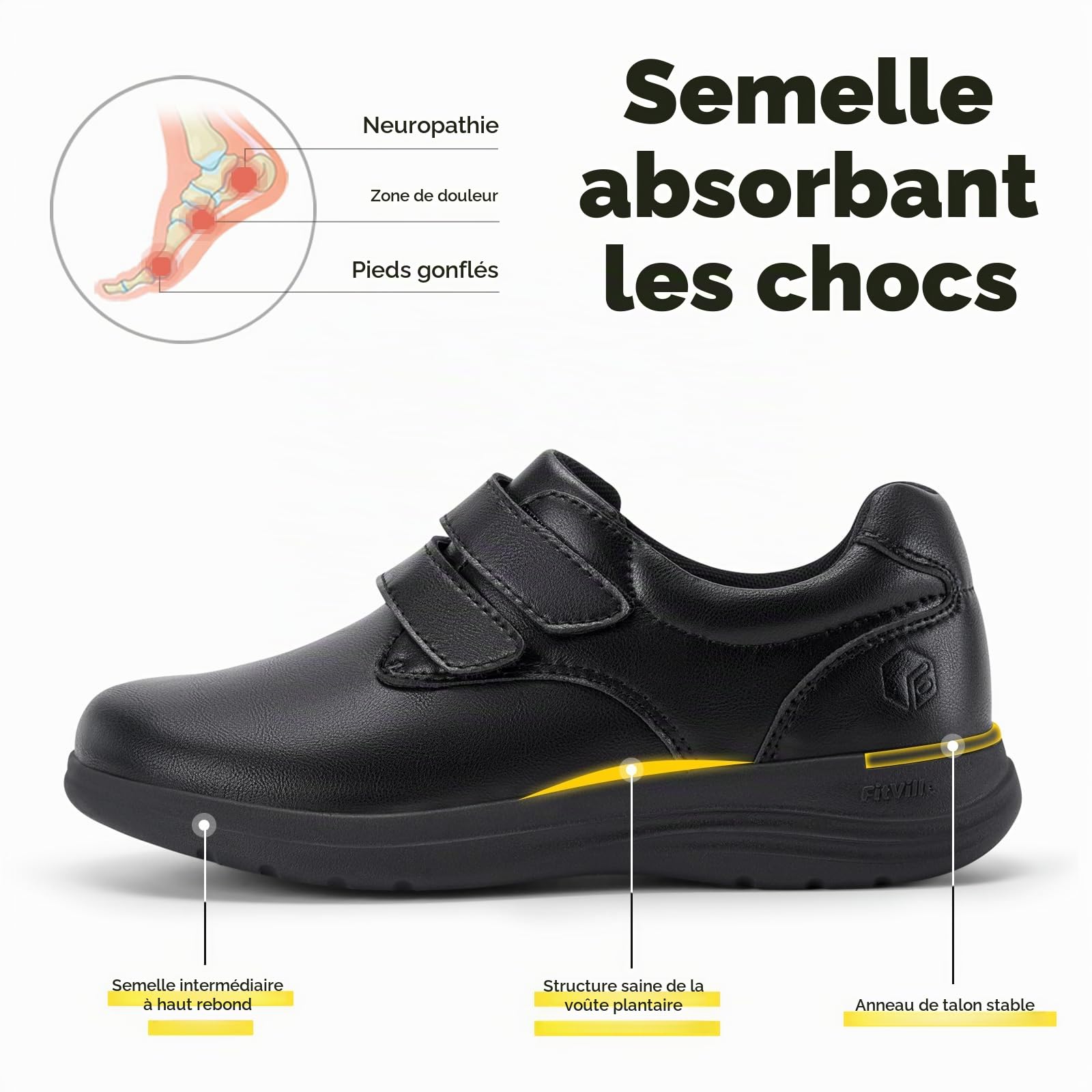 FitVille Chaussure Diabetique Femme Extra Large Chaussures Cuir Confort Chaussures Orthopédiques Scratch Chaussures de Marche Pieds Sensibles pour Pieds Gonflés