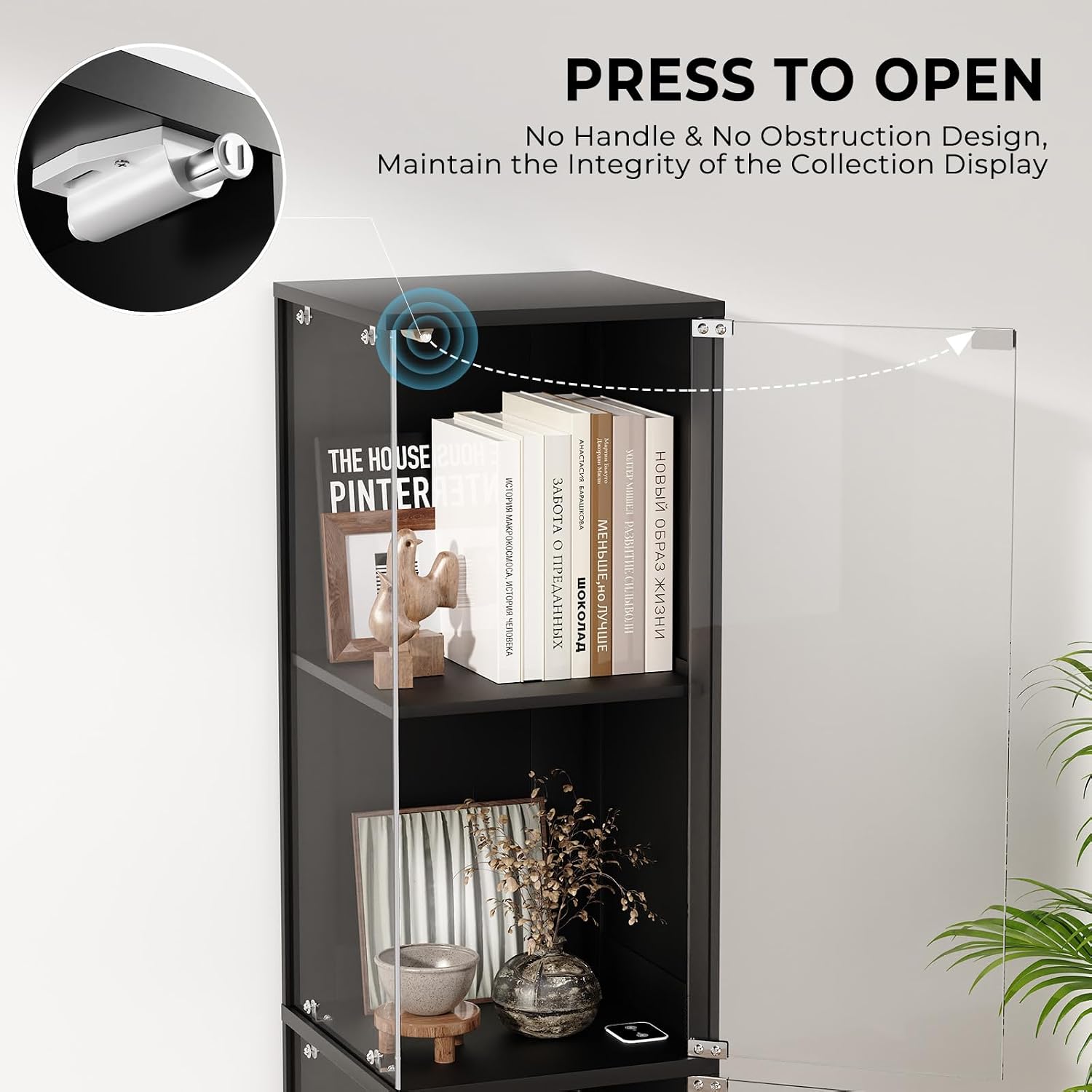 BROTTAR Corner Display Cabinet with Glass Doors, Curio Cabinet with 3 Color LED Lights for Collectibles, 4-Tier Display Case with Human Body Sensor for Toys, Books, Black