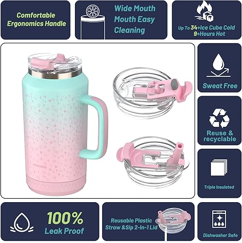 Miniatura 2 de Hydraful Vaso de 64 onzas con asa y pajilla, 100% a prueba de fugas, vaso aislado reutilizable, botella de agua grande de acero inoxidable, taza de
