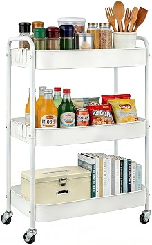 Amyu Trolley on wheels, 3 Tier Storage Trolley, Metal Kitchen Trolley, Vegetable Rack, Book cart, Beauty Organiser for Bathroom, Office, Living Room, Multi-Purpose Mobile Storage