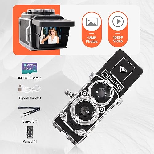 Miniatura 8 de Mini cámara digital vintage, estilo TLR portátil, retro, apunta y dispara, compacta con bolsillo pequeño, 1080P, video FHD de 12 MP, cámara de