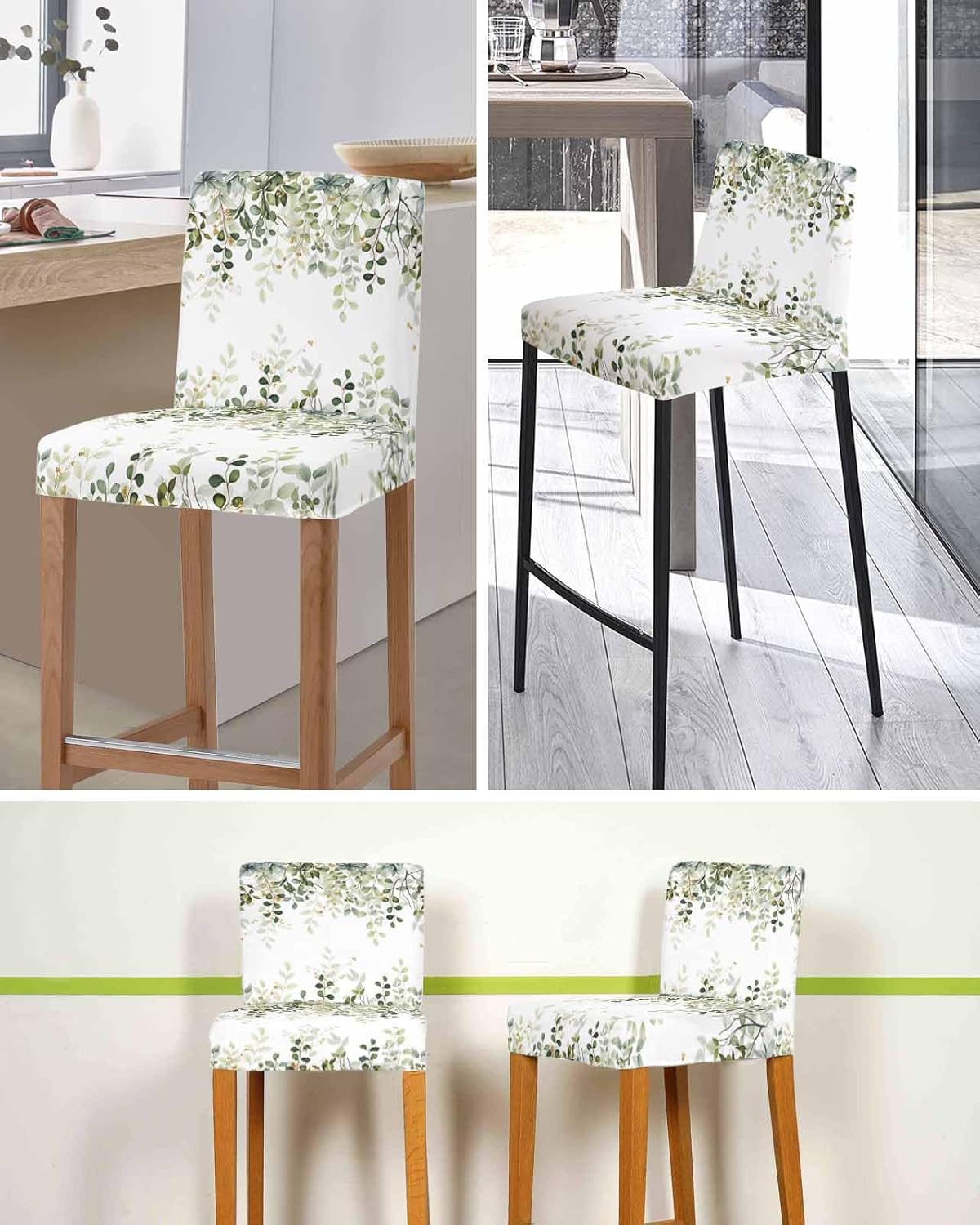 Sage Green Eucalyptus Leaves Bar Stool Covers Set of 4, Spring Botanical Floral Stretch Washable Bar Chair Covers with Backs, Removable Pub Counter Height Chair Cover for Kitchen Dining Room Cafe