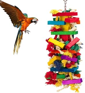 Juguete para loros, jaula para pájaros, suministros para pájaros, juguete de algodón de gran color, cuerda de algodón, bloque de madera, juguetes para roer loros, juguetes grandes (10 x 43 cm), 420 g