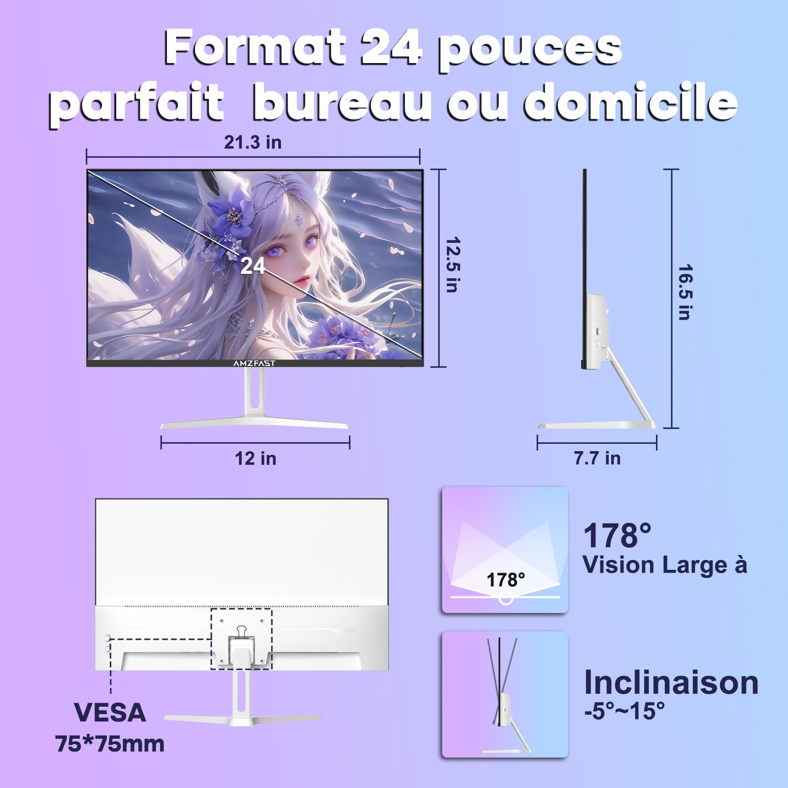 Ecran PC Gamer 24 Pouces 200Hz FHD Fast IPS 1ms MPRT HDR Adaptive Sync VESA 75x75 HDMI 2.0 DP 1.4 Blanc AMZG24X1W