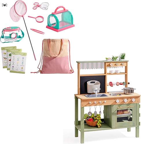 ROBOTIME Mud Kitchen & Kids Explorer Kit  Cocina de madera al aire libre con fregadero, parrilla y jardín + 10 piezas kit de captura de insectos con