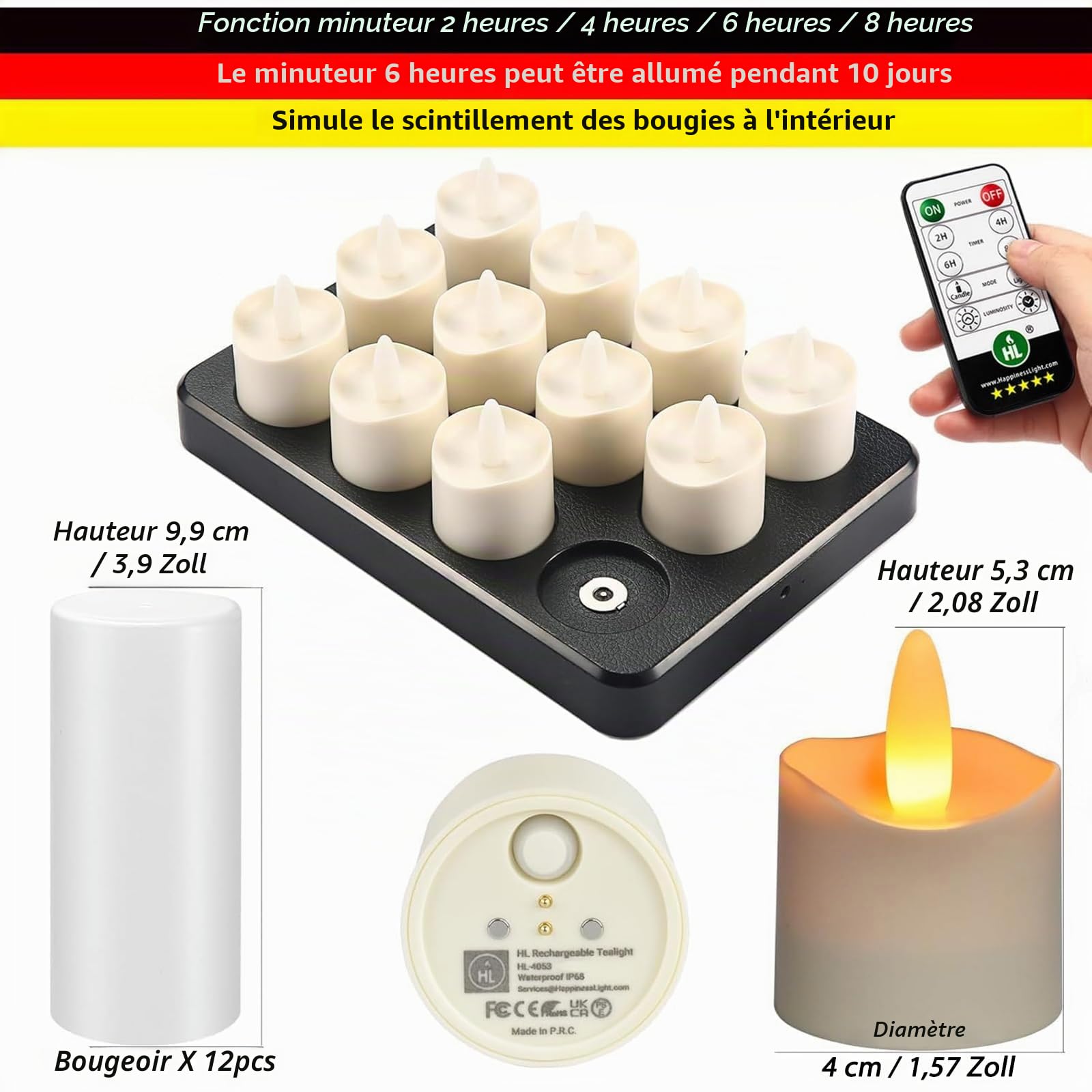 HL Bougie Led Rechargeable Chauffe Plat avec Minuterie à distance Bougie Sans Flamme Vacillante pour Festivals Le Mariage La Fête Décoration de La Maison, jaune 12 pièces