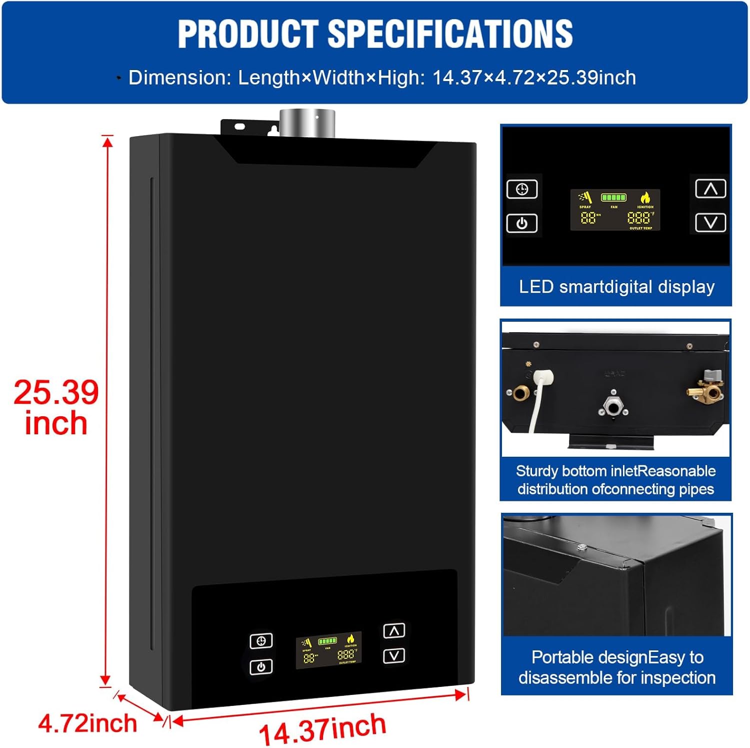 18L Tankless Water Heater Propane, 4.74GPM Indoor Constant propane water heater, 68,000 BTU Instant Hot Water Heater with Fahrenheit Digital Display, Multi-Protection