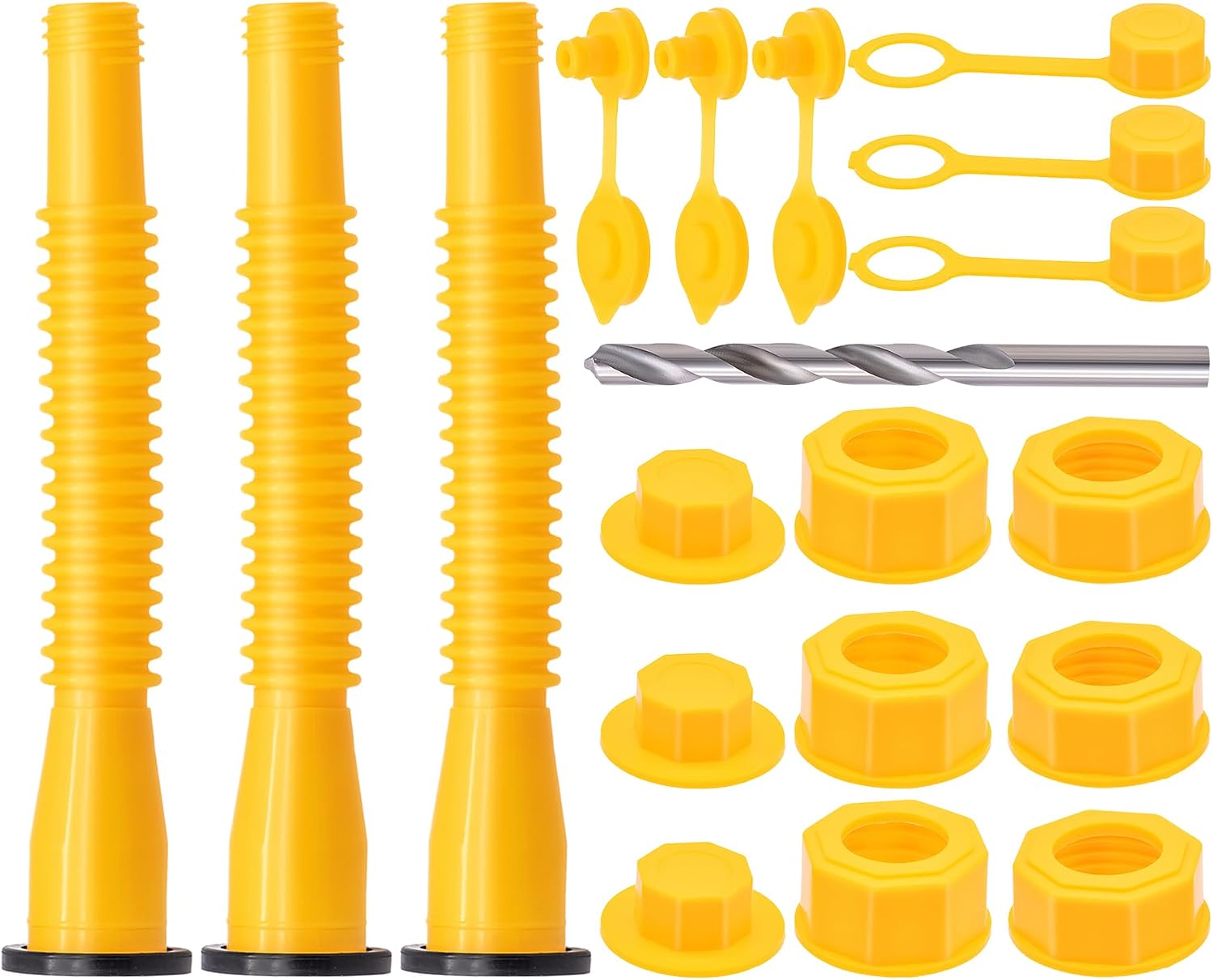 Yellow Gas Can Spout Replacement, 1/2/5/10 Gallon Gas Can Nozzle Kit, include 2 Different Size Screw Collar Caps, Gas Can Vent Caps, Base Caps, Thick Rubber pad and Spout Cover(3 Kit)
