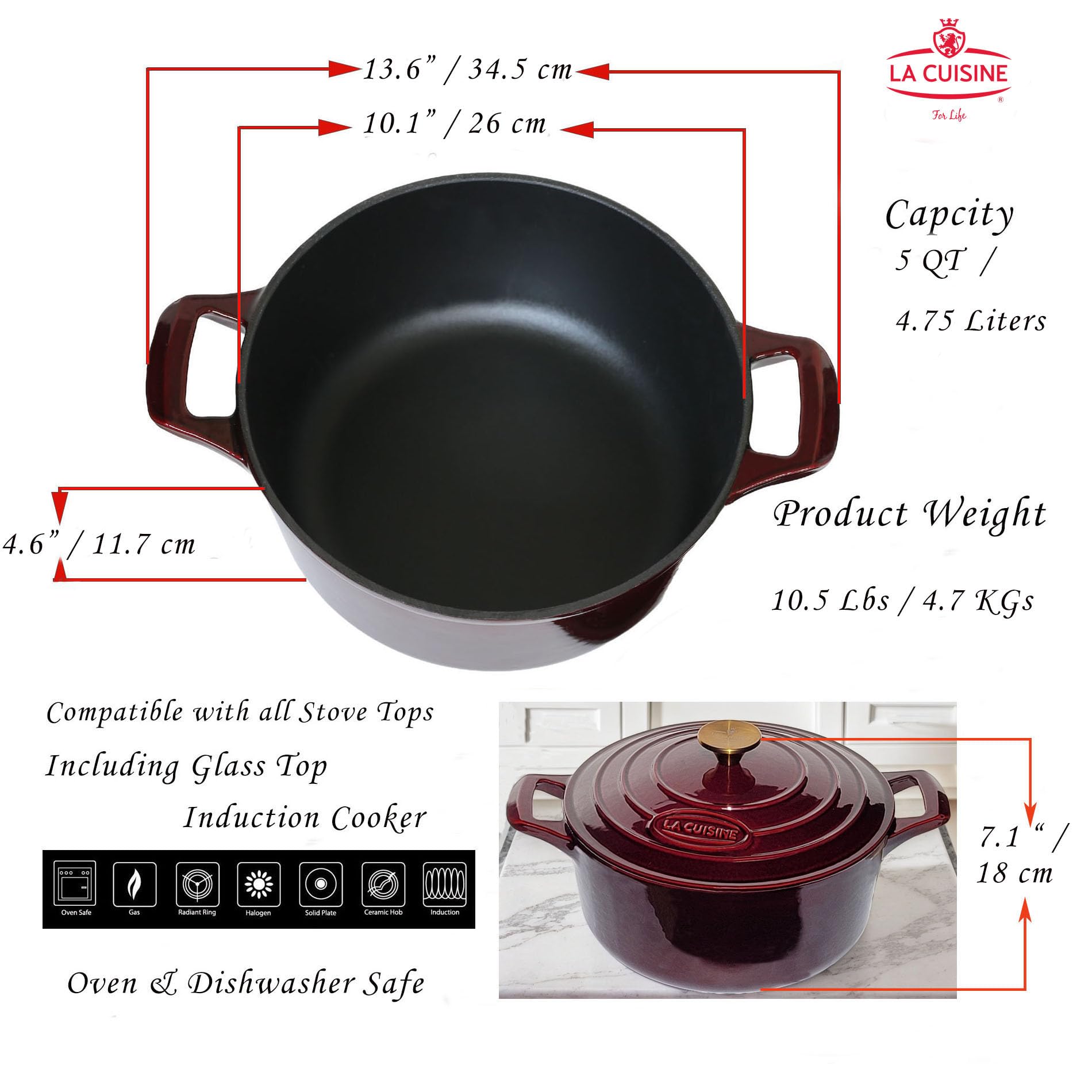 La Cuisine Gusseisen topf 26cm 4.75 L Bräter/Cocotte Auflaufform Kasserollen Brot Backen Dunkles Interieur backofengeeignet Induktion Vergoldeter SS-Deckelgriff Cranberry