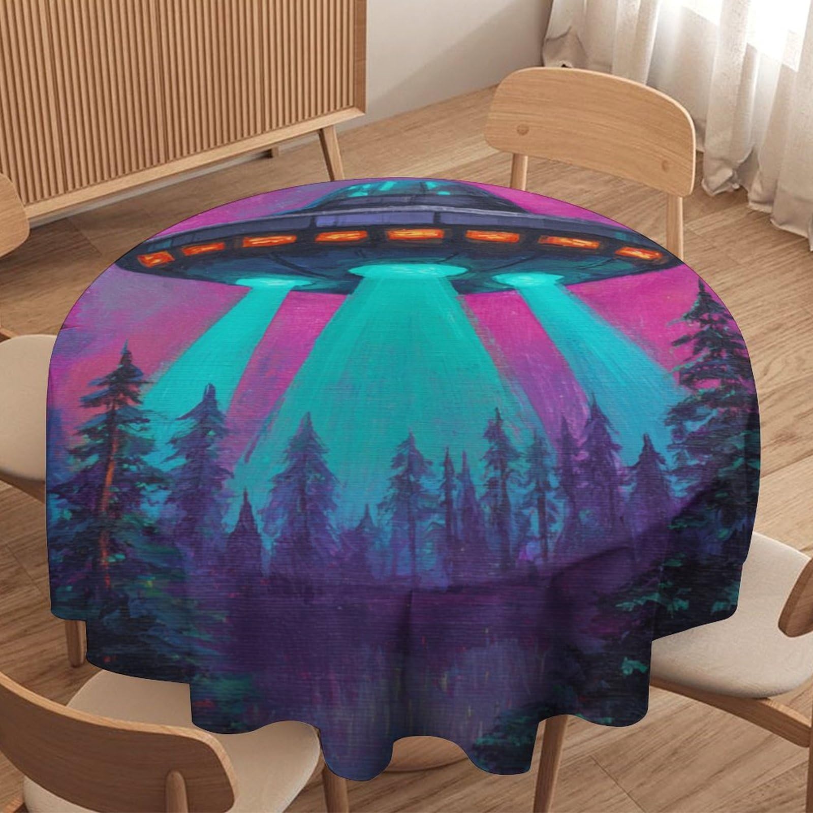 LUYYSKY Retro Watercolor Funny Spaceship Round Tablecloth Modern Comic Starry Sky Galaxy Pine Forest UFO Washable Decor for Table Cover for Kitchen-91.4" Wx91.4 L cm