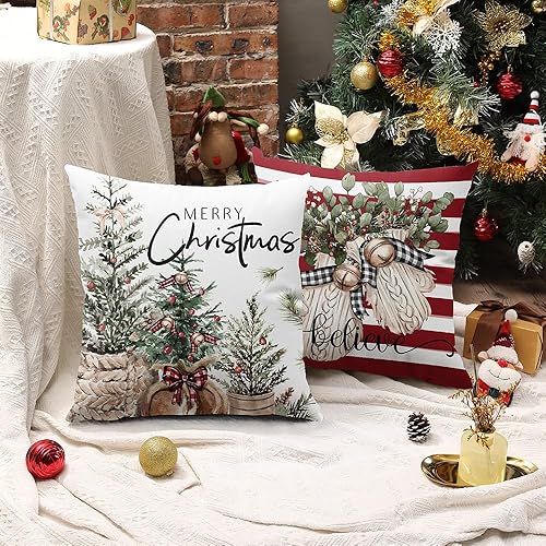 Miniatura 3 de DFXSZ Juego de 4 fundas de almohada de Navidad de 20 x 20 pulgadas, guantes de árbol de Navidad decorativos de invierno con diseño de rayas rojas y