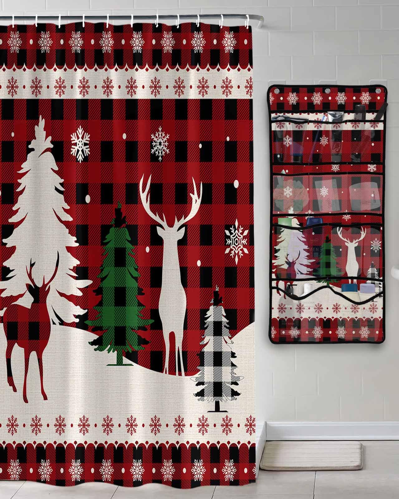 Shower Curtain Mesh Shower Organizer Hanging Set Christmas Red Black Plaid Reindeer Xmas Tree Silhouette Waterproof Shower Curtains