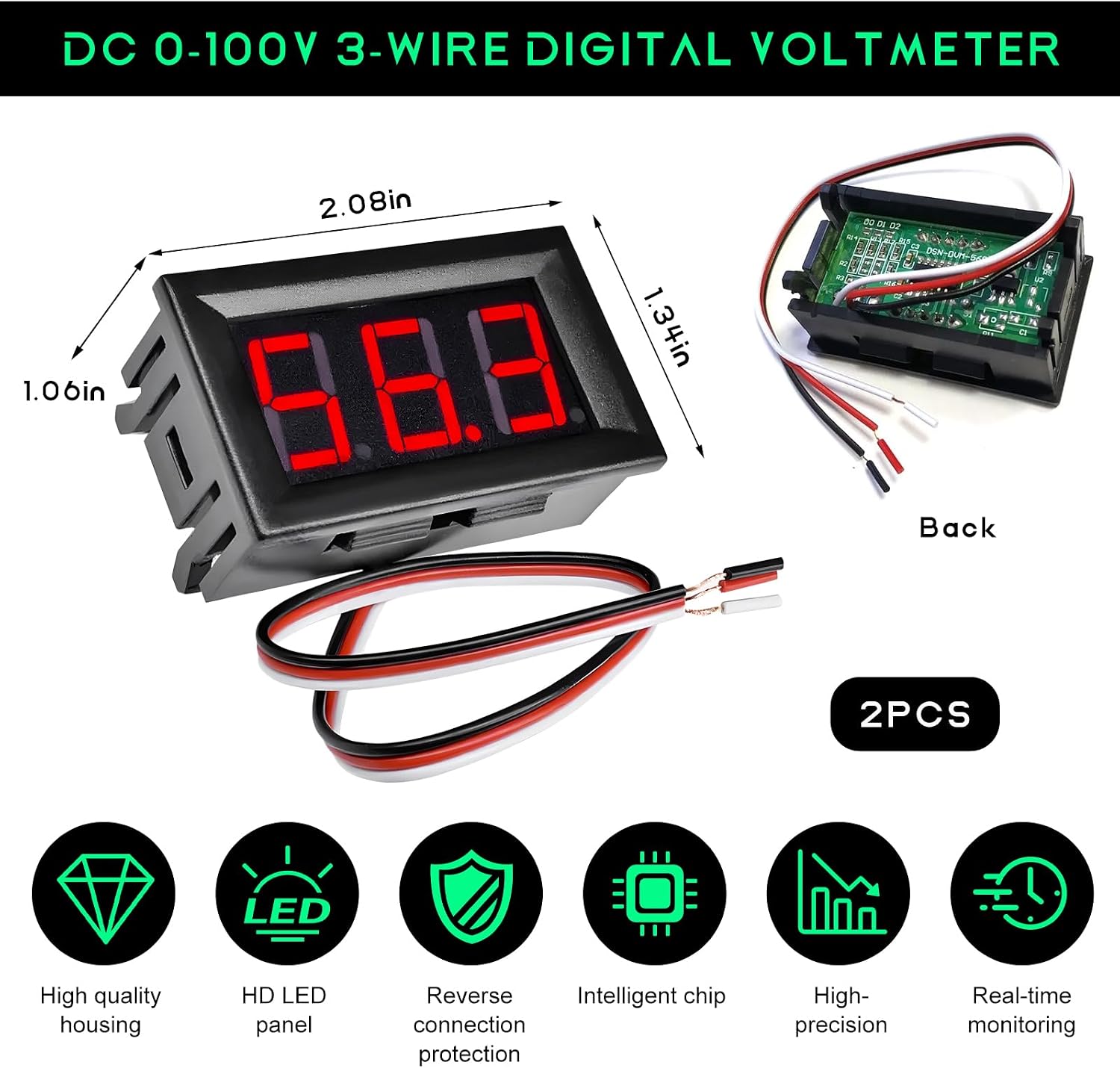 2PCS DC 0-30V Mini Digital Voltmeter, 3-Wire 0.56" LED Digital Display Panel Voltage Gauge, Battery Volt Meter Mount Car Motorcycle with Reverse Polarity Protection (Red)