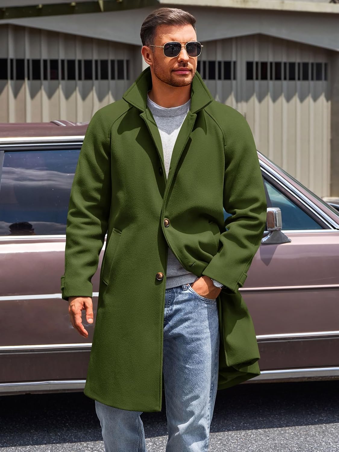 Runcati Mens Trench Coat Notched Collar Single Breasted Mid Long Peacoat Slim Fit Winter Warm Chunky Overcoat - Image 2