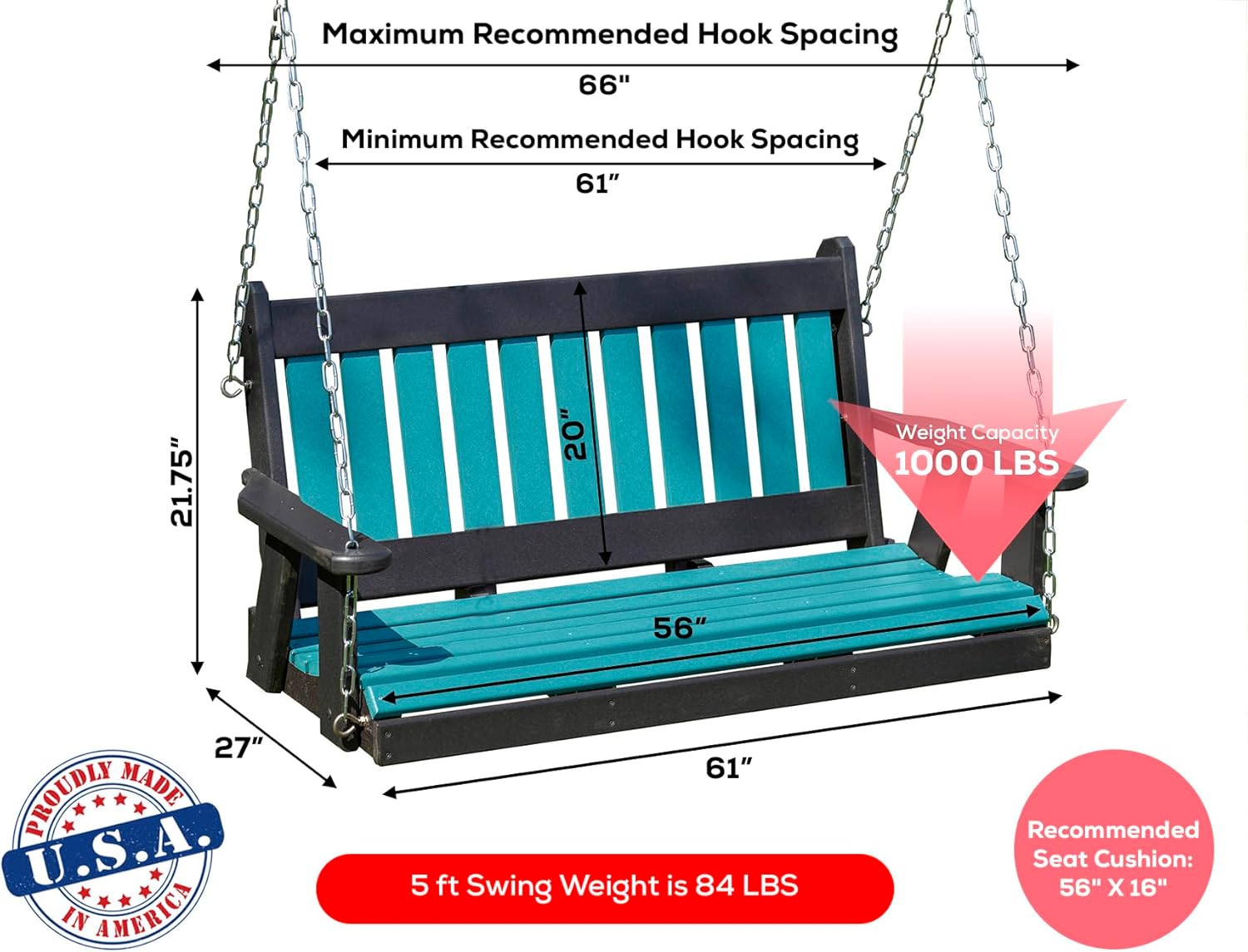 Mission Poly Lumber Wood 5FT Porch Swing Amish Craftsmandship Made in USA HDPE with No Wood fibers 1000 lbs Limit. Stainless Steel Hardware.Signature Design for Patio Outdoor Backyard Garden Park