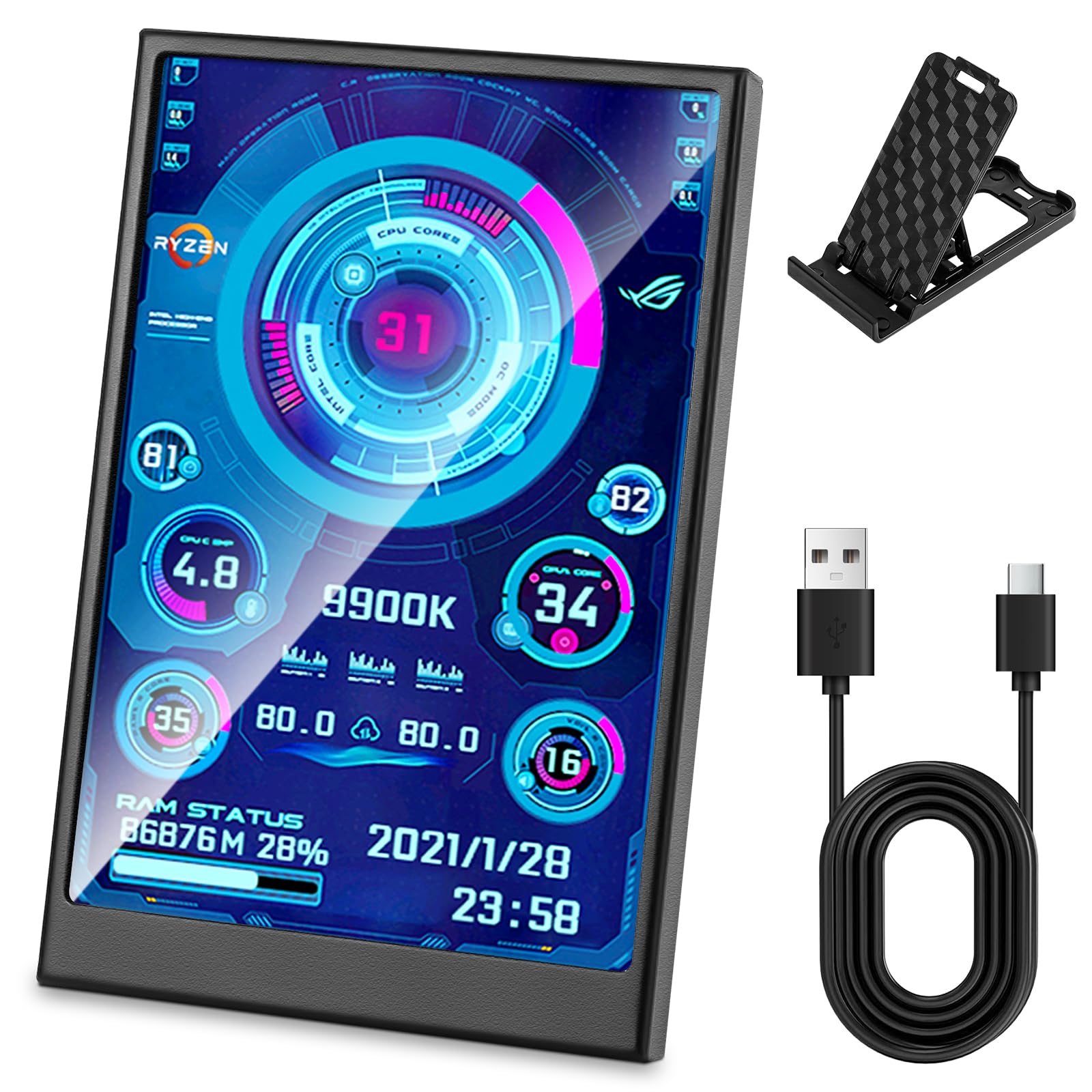 3.5 Inch IPS USB Mini Screen No Installation AIDA64 Pc Case Screen Computer Temp Monitor PC Temperature Display with Stand, USB Cable, Manual