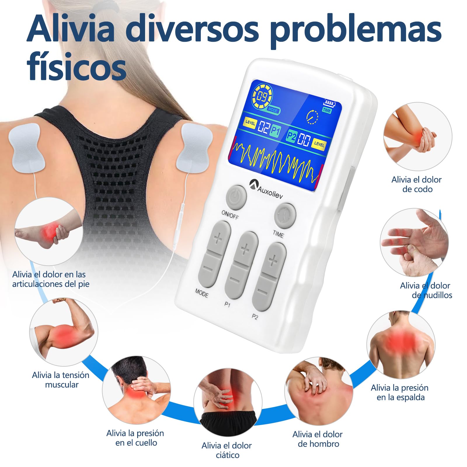 Auxoliev TENS/EMS Electroestimulador Muscular, Dispositivo de Multiterapia y Rehabilitación con 25 Modos & 10 Electrodos, para aliviar el dolor muscular y fortalecer los músculos, con diseño patentado