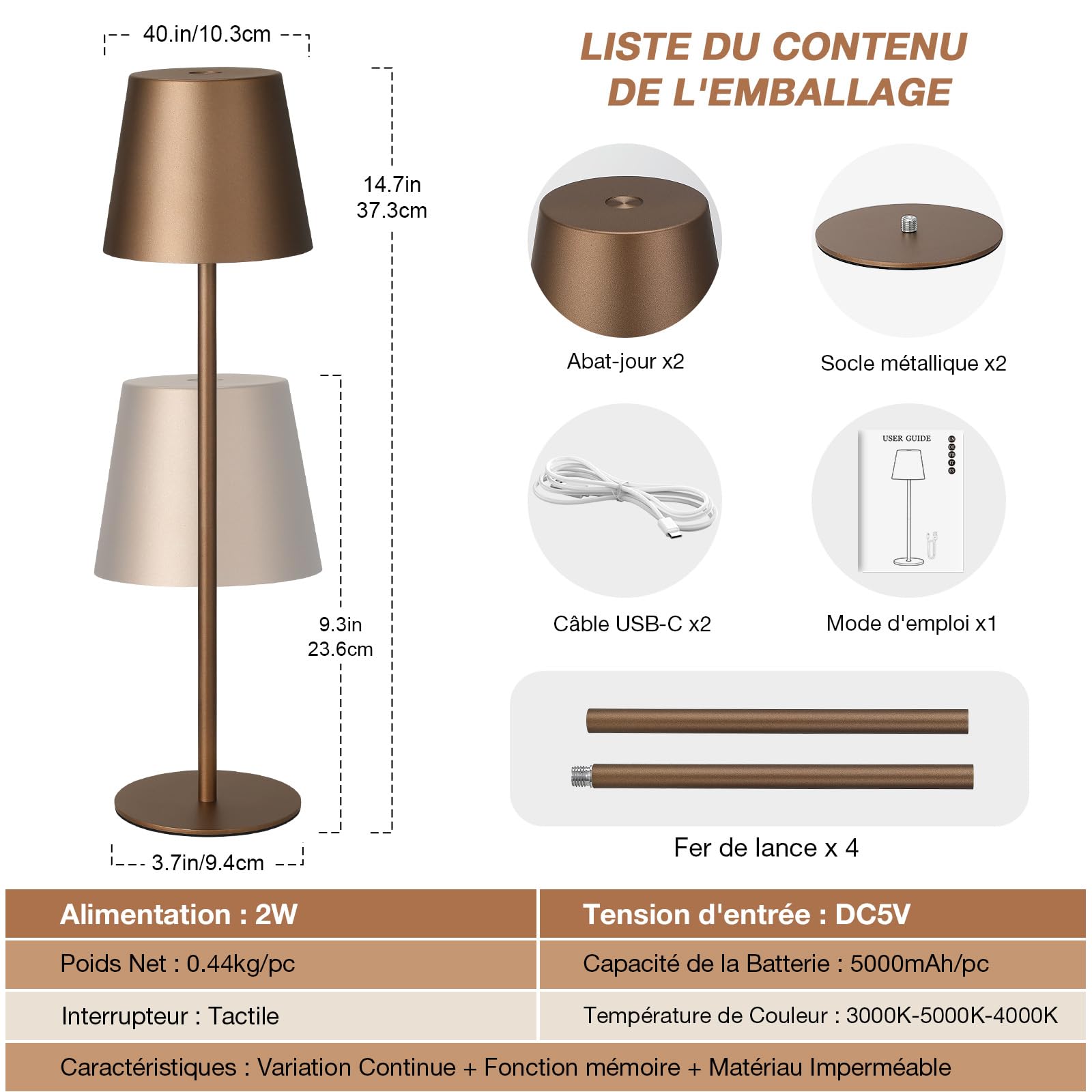 Lampe de Table Sans Fil Lot de 2, Lampe de Chevet Tactile, Marron