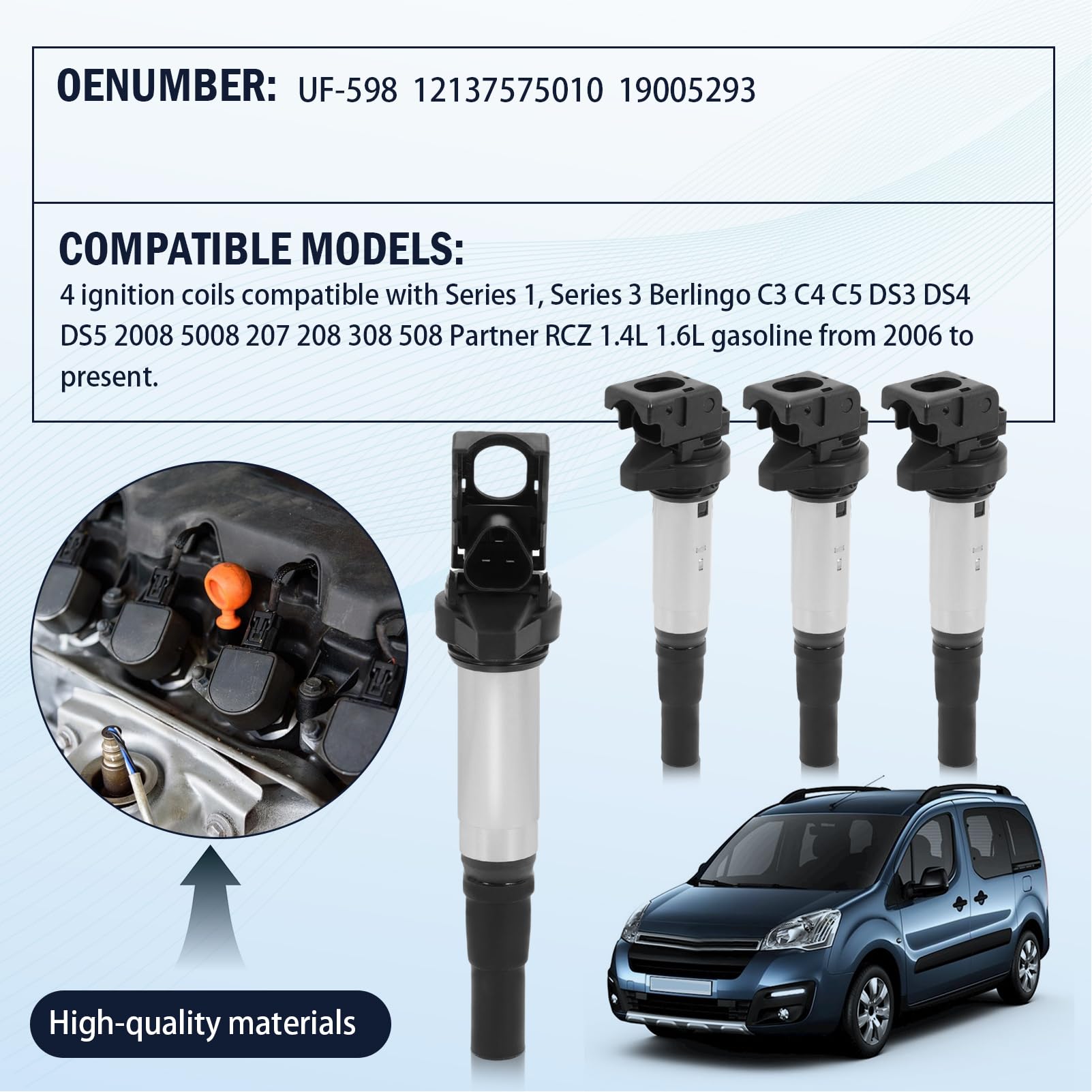 4x Bobine di accensione 12137575010 compatibili con 1er 3er F20 F21 M-i-n-i Berlingo C3 C4 C5 DS3 DS4 DS5 2008 5008 207 208 308 508 Partner RCZ 1.4L 1.6L 2006 12138616153