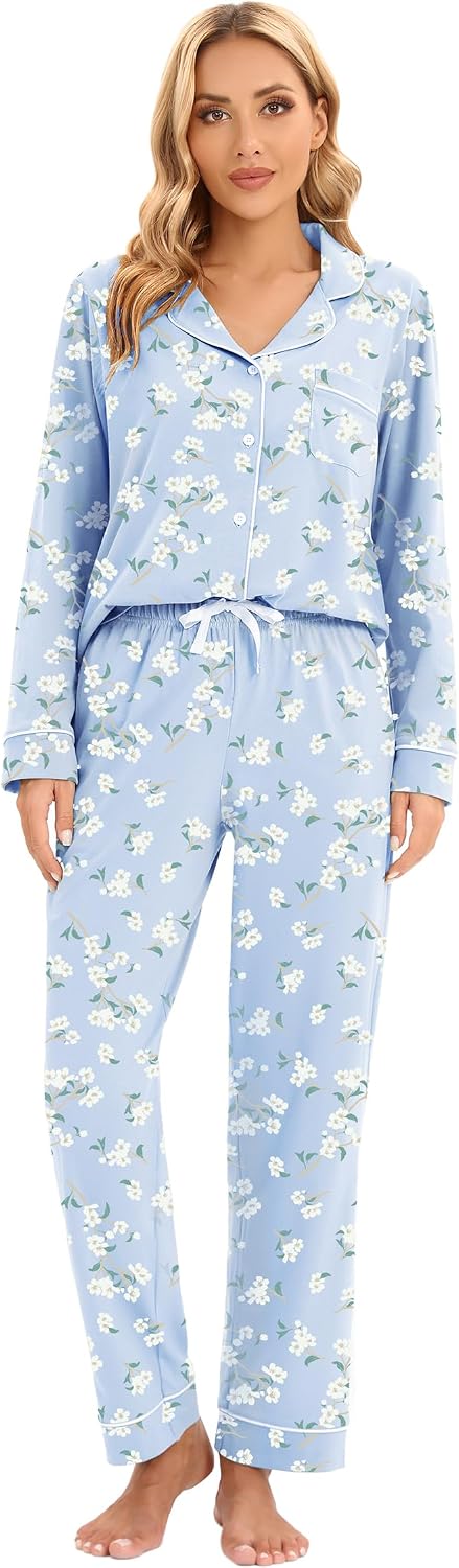 LUBOT 100% Cotton Pajamas for Women PJ Set Soft Button-Down 2 Piece Set Knitted Long Sleeve Sleepwear Loungewear XS-XXL