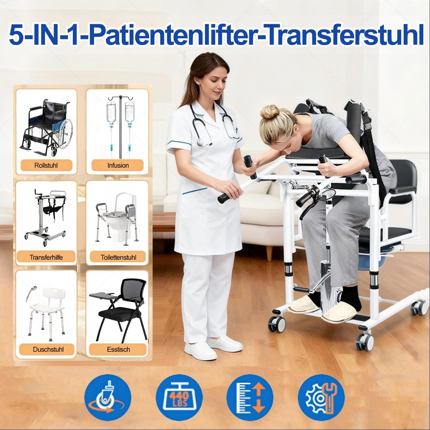 Patientenlifter Transferstuhl, 5-in-1 Hydraulischer Patientenlift-Rollstuhl mit 180° Geteiltem Sitz Tischplatte, Höhenverstellbarer Toiletten- und Duschstuhl für Senioren Zuhause,Blau