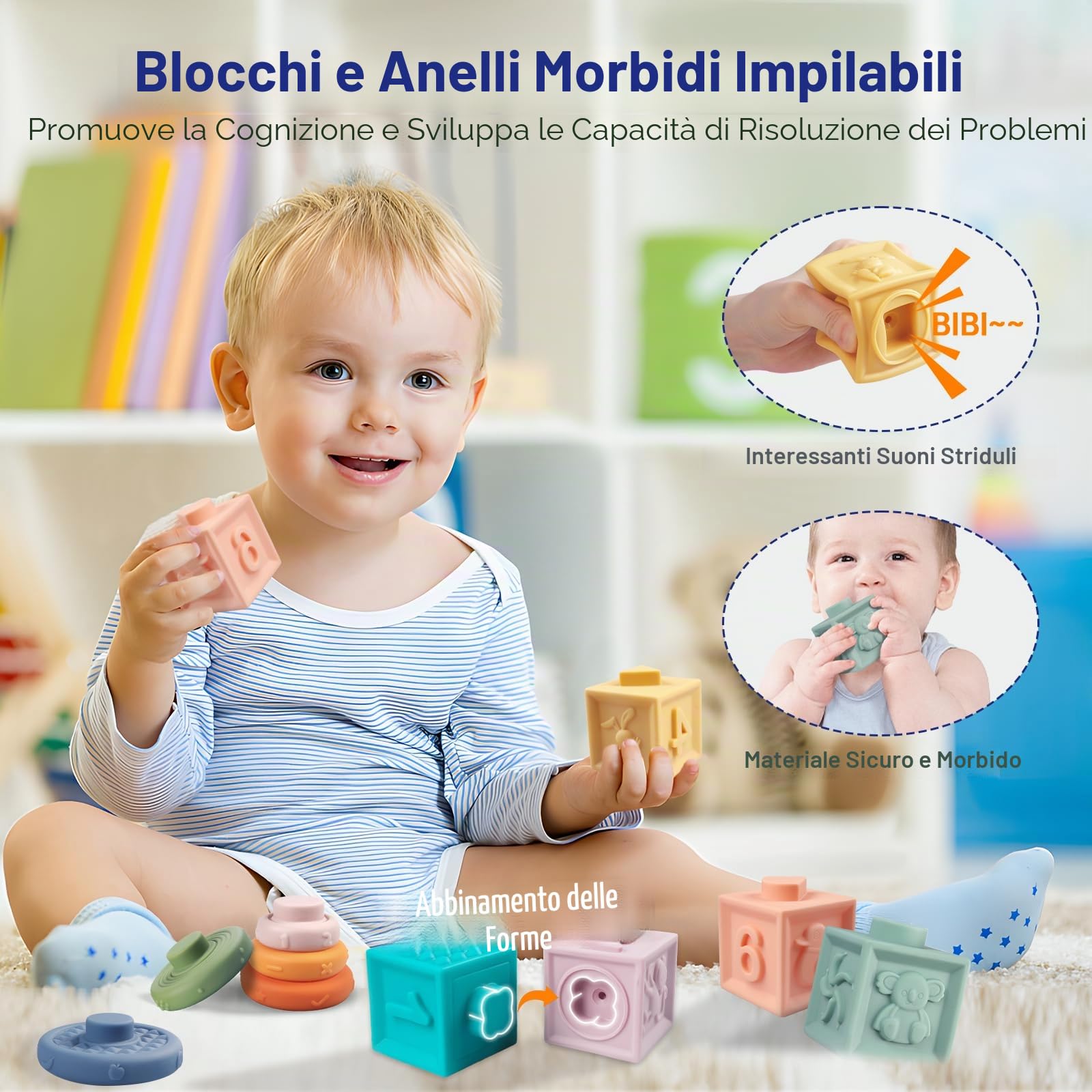 Giochi Montessori 18+ Mesi,6 in 1 Gioco Neonati Bambini, Forme Sensoriali, Ordinazione e Impilazione, Impilazione Blocchi, Sonagli, Giochini Regalo Bambino e Bambina 18 Mesi 2 3 Anno