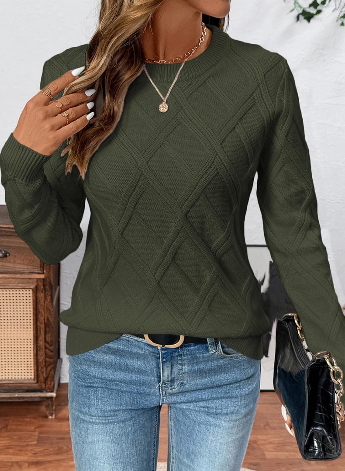 SHEWIN Womens Sweaters Crewneck Cable Knit Sweater Long Sleeve Fall Tops for Women 2025