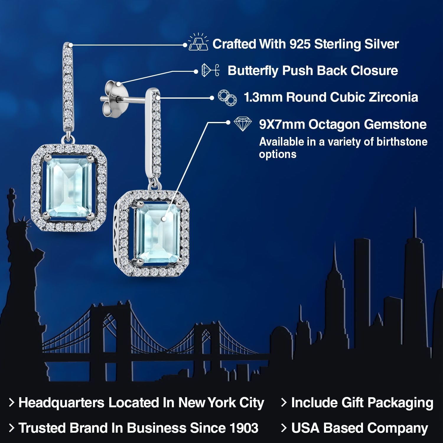 Gem Stone King 4-6 Cttw Drop Dangle Earrings for Women | Gemstone Birthstone Earrings | 925 Sterling Silver | Emerald Cut 9X7MM | Fine Jewelry Gifts for Her Mom Women Wife - Image 2