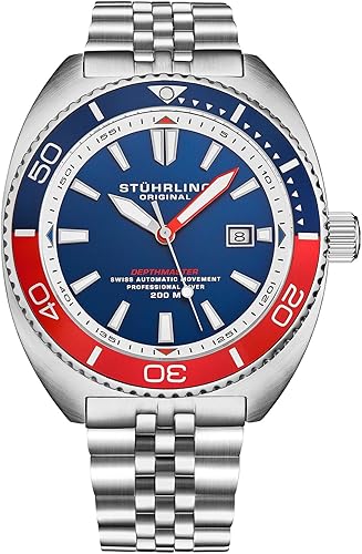 Stuhrling Reloj suizo automático de buceo de 1.772 in con caja y pulsera de acero inoxidable giratorio bisel unidireccional resistente al agua