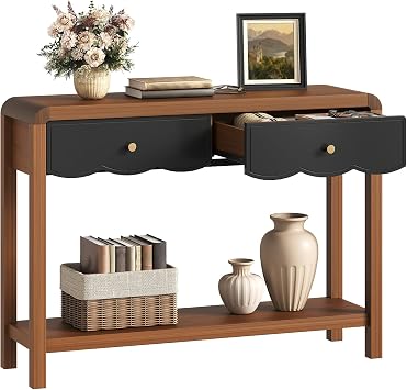 43.3" Console Table, Entryway Table with 2 Drawers and Open Storage Shelf, Vintage Wooden Sofa Table Behind Couch, Narrow Foyer Table for Living Room, Hallway, Entrance, Walnut and Black
