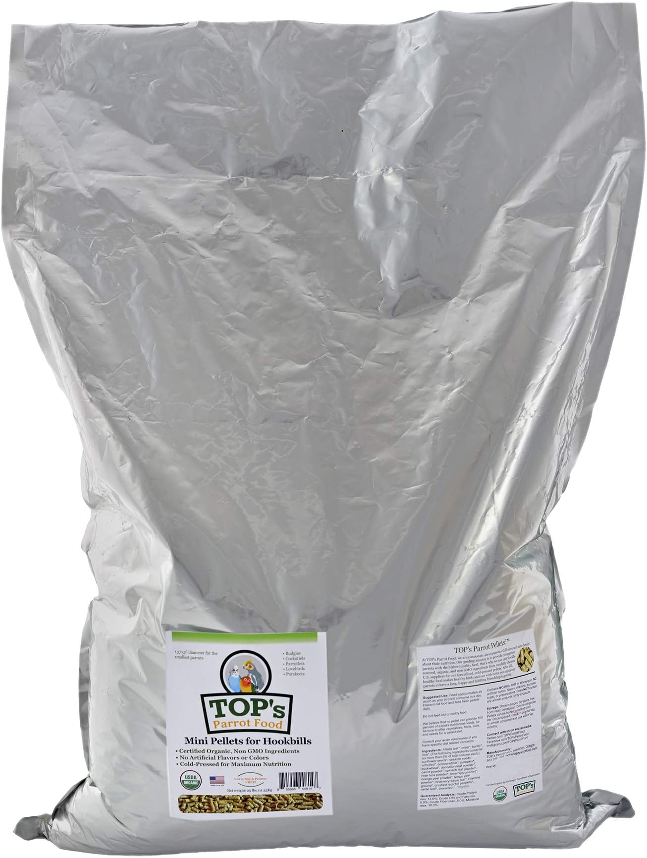 TOP's Parrot Food Mini Pellets Bird Food for Budgies, Cockatiels, Parrotlets, Lovebirds, Parakeets - USDA Certified Organic - 25 lbs