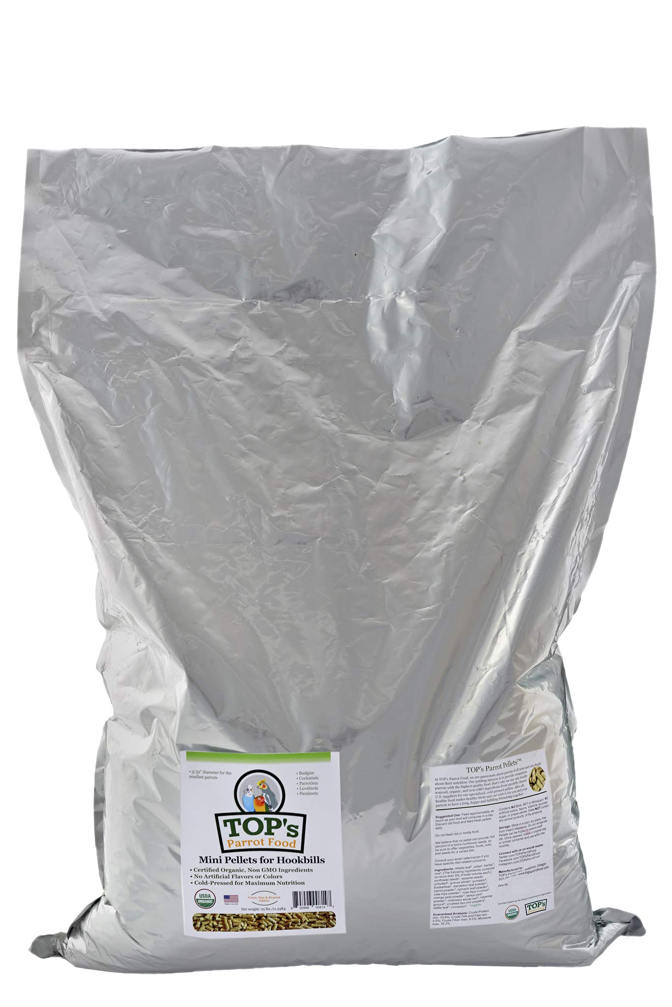 TOP's Parrot Food Mini Pellets Bird Food for Budgies, Cockatiels, Parrotlets, Lovebirds, Parakeets - USDA Certified Organic - 25 lbsUSDA Organic
