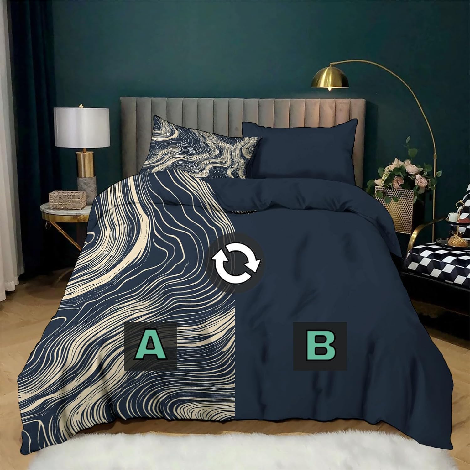 Navy Blue Wood Grain Lines Print Duvet Cover Wabi-Sab Style Texture Bedding Size,Reversible Solid Color Classic Color Printed Plaid Duvet Cover,Includes 1 Duvet Cover