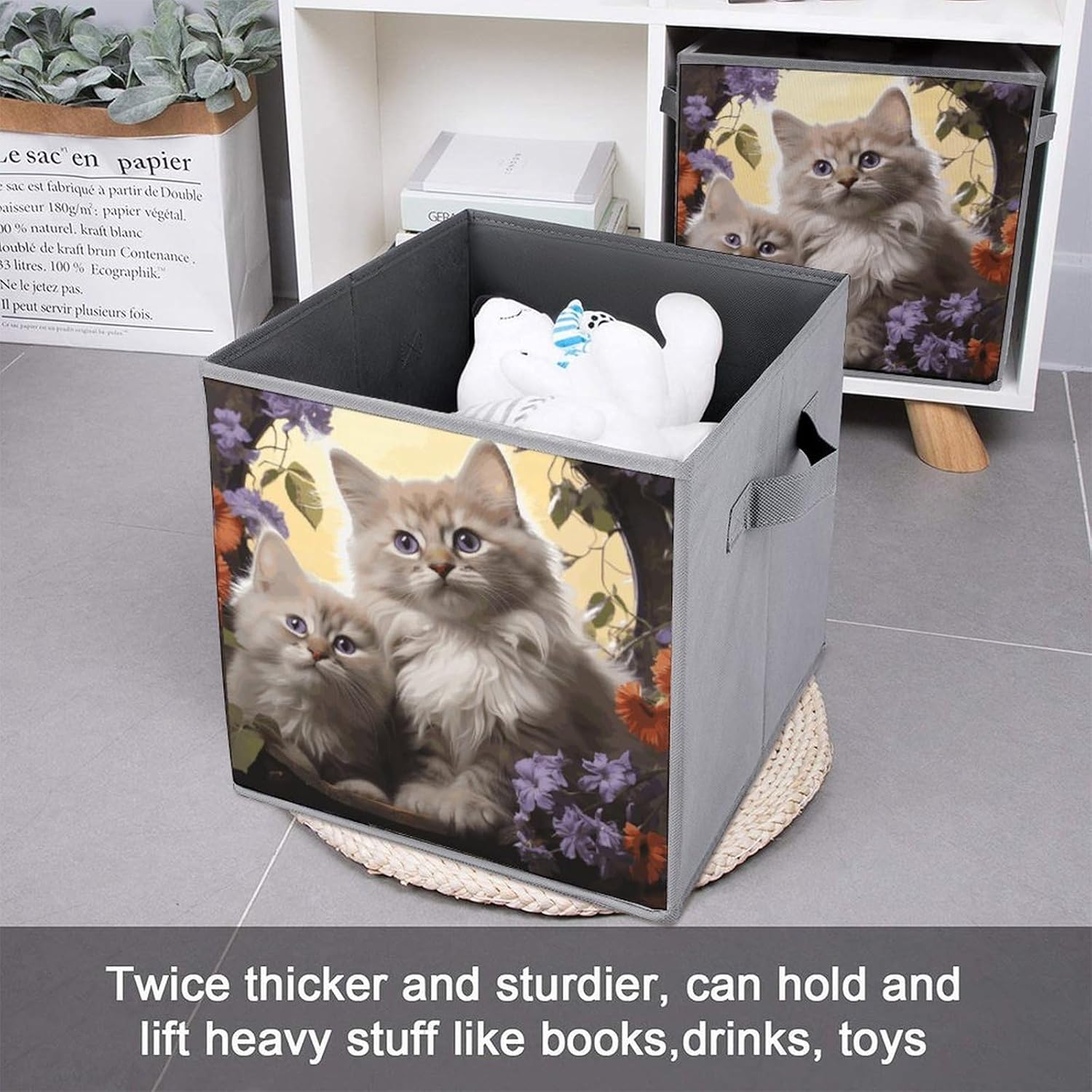 Cat Flowers Storage Cubes Set of 6 Storage Bins with Handles Collapsible Storage Basket Fabric Storage Box for Shelves Large Closet Shelf Organizer for Organization 11 Inch