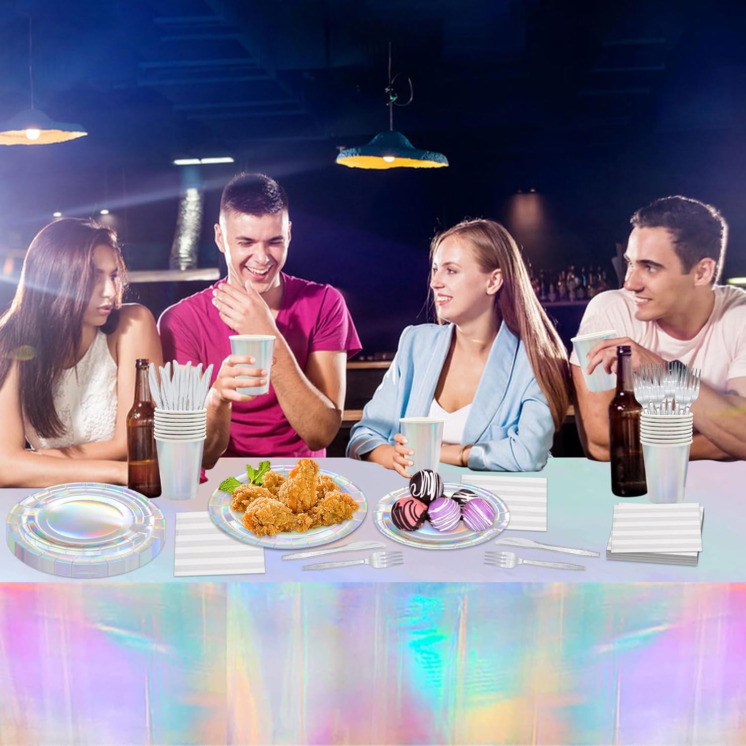 146pcs Iridescent Party Supplies Iridescent Party Tableware Sets Serve 24 Guests Includes Holographic Paper Plates Cups Napkins Forks for Baby Bridal shower Mermaid Birthday Party