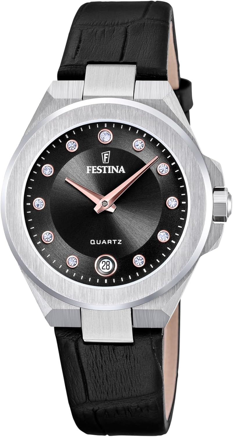 Festina Mademoiselle Orologio da donna F20701/5 Cassa in acciaio inossidabile 316L Argento Cinturino in pelle nera Nero, Nero, Cinturino