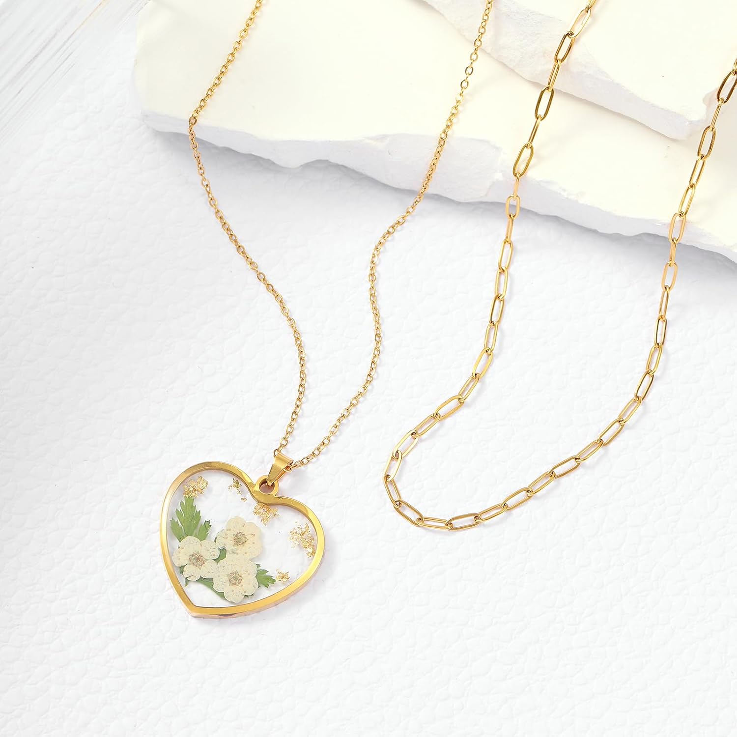 Lit Wall Birth Flower Necklaces for Women Gold 2Pcs 18K Gold Plated Handmade Pressed Flower Necklace Heart Shaped Birth Month Flower Necklace Flower Pendant Necklace Birthday Gifts for Women - Image 6