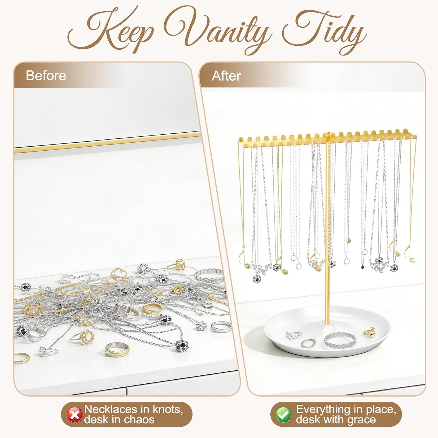 Jewelry Organizer Stand, Metal Necklace Holder Display With 42 Hooks, Gold Jewelry Holder for Necklaces, Bracelets, Rings, Bedroom College Dorm Decor for Women and Girls
